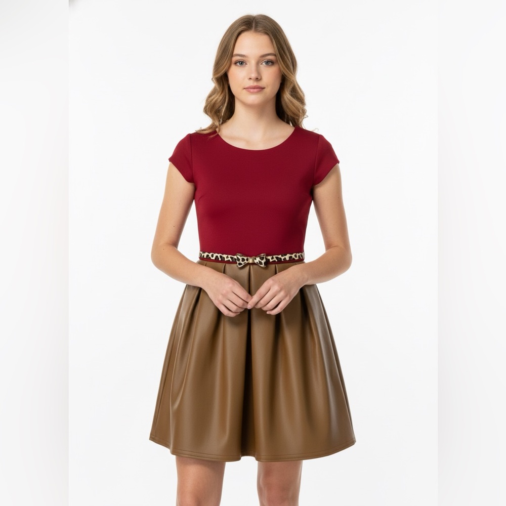 Zoe Ltd Elegant Red and Tan Vegan Leather Belted Girls Dress size 10 NWT